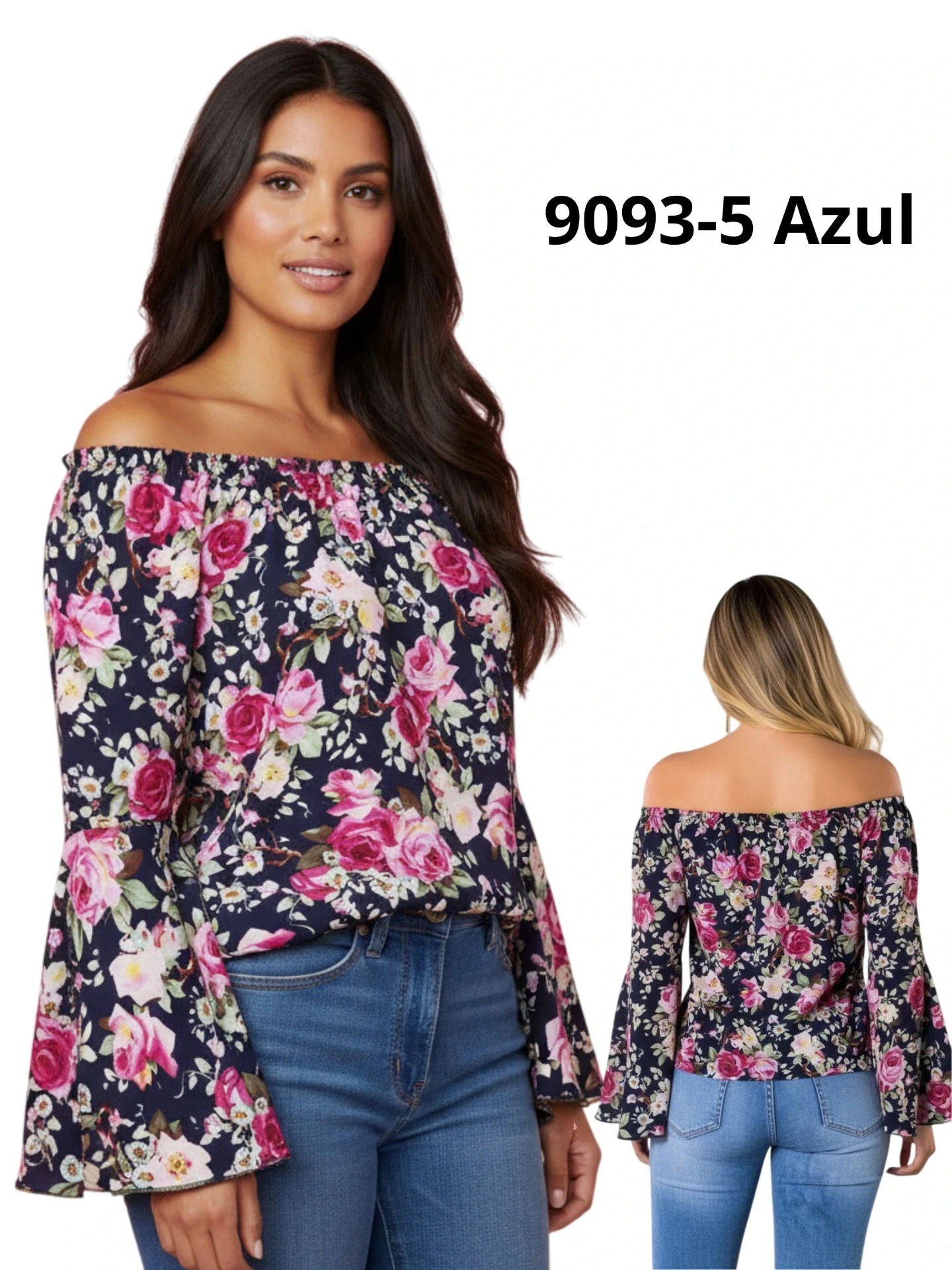 [11390935YBS] Blusa Hombros Descubiertos Mangas Campana Floral Azul Marino para Mujer 9093-5