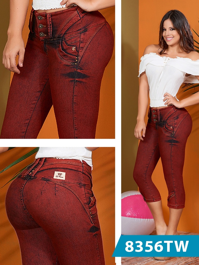 Women's Burgundy Printed Butt Lift Capri Jeans 8356TW