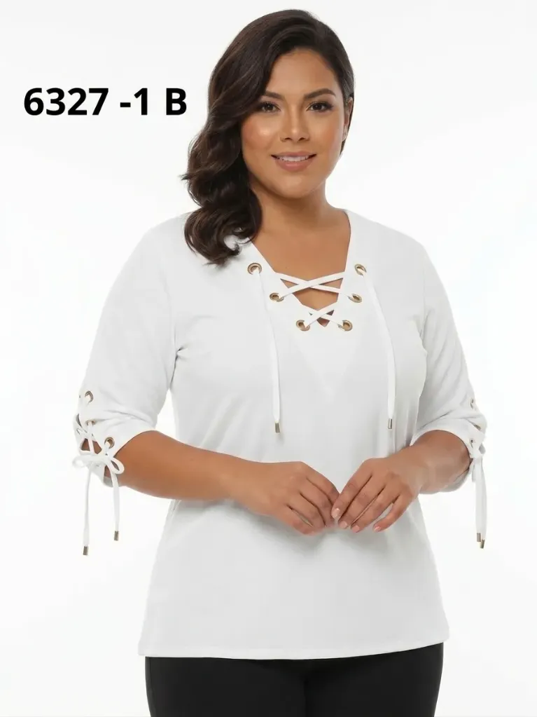 Women's White Plus Size Lace-Up 3/4 Sleeve Blouse 6327-1B