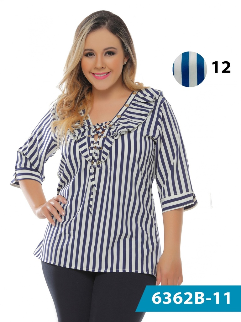 [250636212B14] Blusa Talla Grande Abotonada Rayas Azul Marino para Mujer 6362B-11