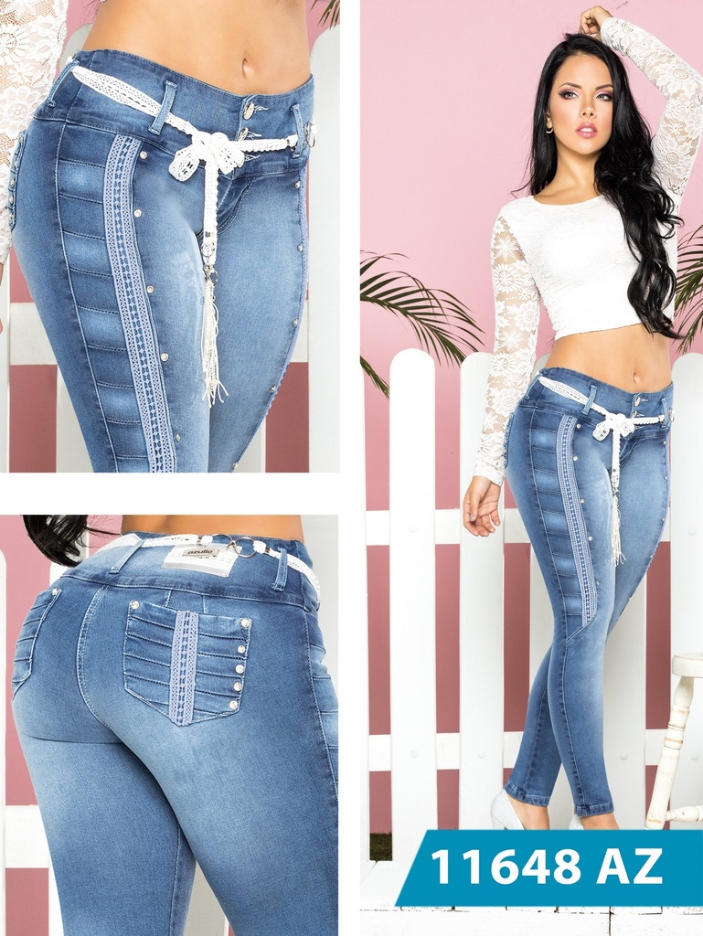 Jeans Levantacola Ajustados con Franja Lateral Lavado Medio para Mujer 11648AZ