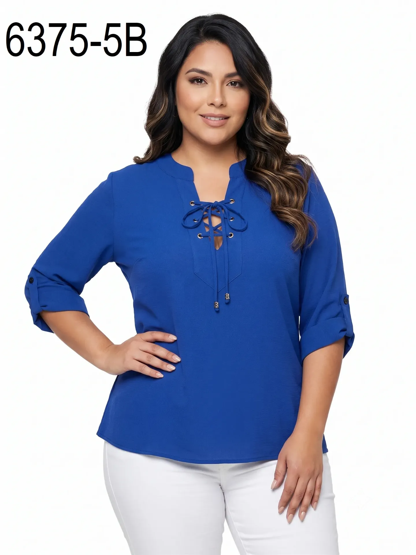 [25063755B18] Women's Royal Blue Plus Size Lace-Up Blouse 6375-5B