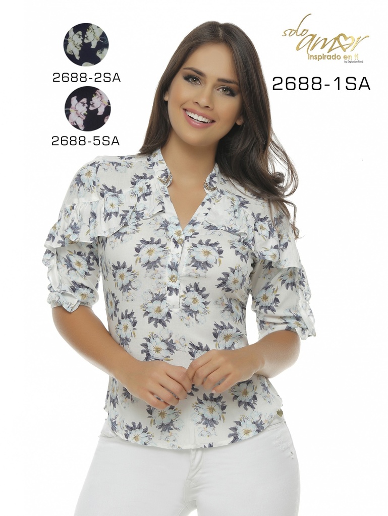 [24626885SAS] Women's White & Blue Floral Print Blouse 2688-1SA
