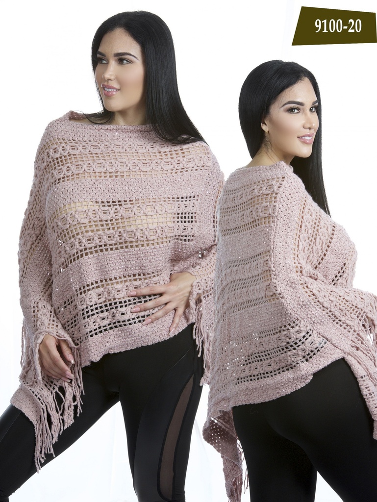 [256910020] Suéter Poncho de Crochet con Flecos Crochet Rosa Palo para Mujer 9100-20