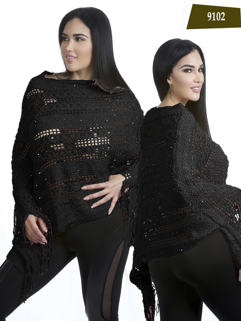 [25691022] Suéter Poncho de Crochet Crochet Negro para Mujer 9102