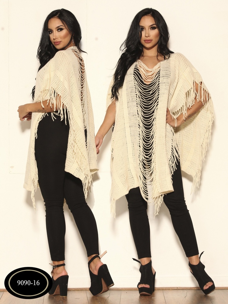 [256909016] Suéter Poncho Chal con Flecos Crema con Flecos para Mujer 9100-9