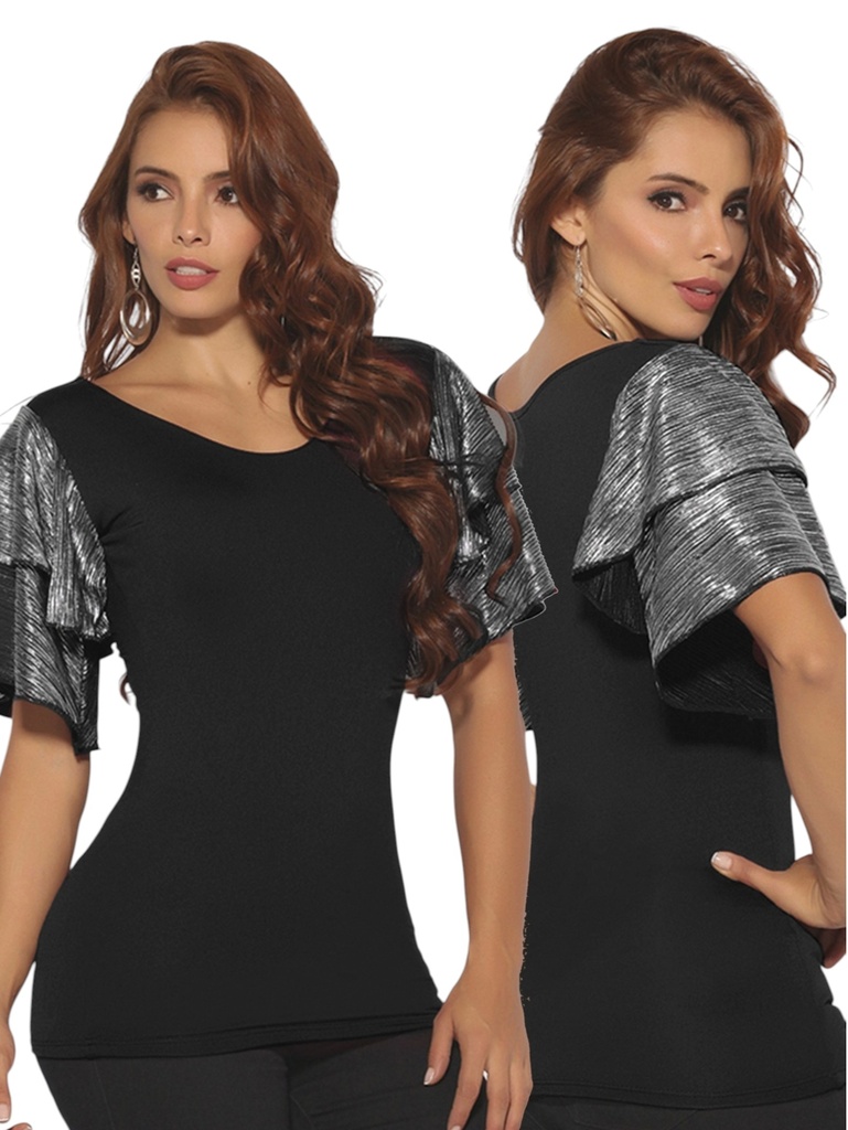Blusa Mangas con Volantes Metalizadas Negro para Mujer 3110-2