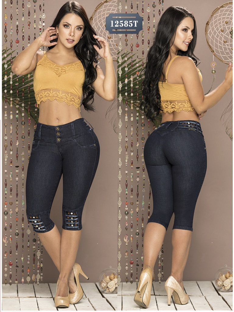 Jeans Capri Levantacola Negro con Taches para Mujer 12585T