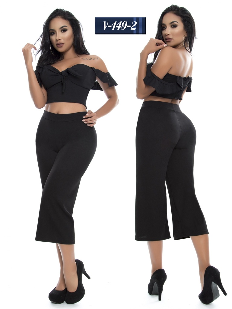 Women's Black Off Shoulder Ruffle Top & Culottes Two-Piece Set V-149-2