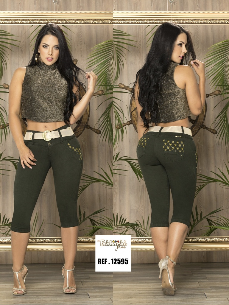 [00010112595T01] Jeans Capri Levantacola Verde Oliva para Mujer 12595T