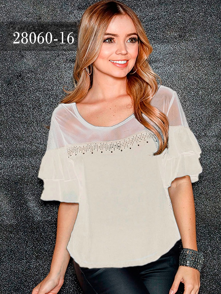 [2662806016SM] Blusa Mangas con Volantes y Cuello con Pedrería Crema para Mujer 28060-16