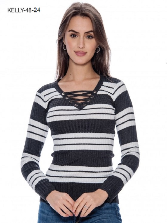 [200KELLY4824L] Suéter Rayas con Cuello de Cordones Rayas Azul Marino y Blanco para Mujer Kelly 48-24