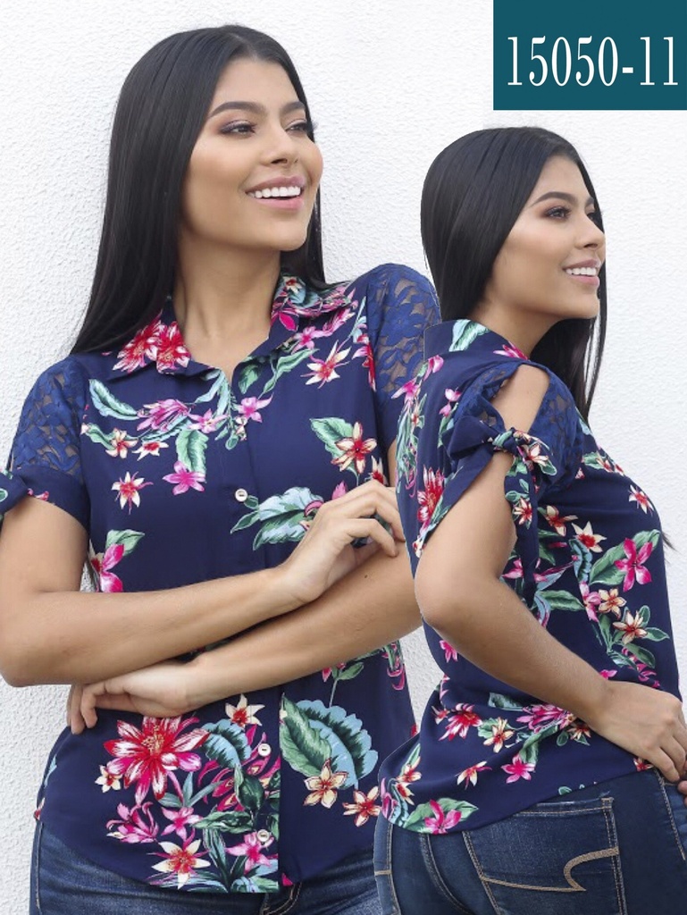 [112150505S] Women's Navy Floral Short-Sleeve Blouse 15050-11