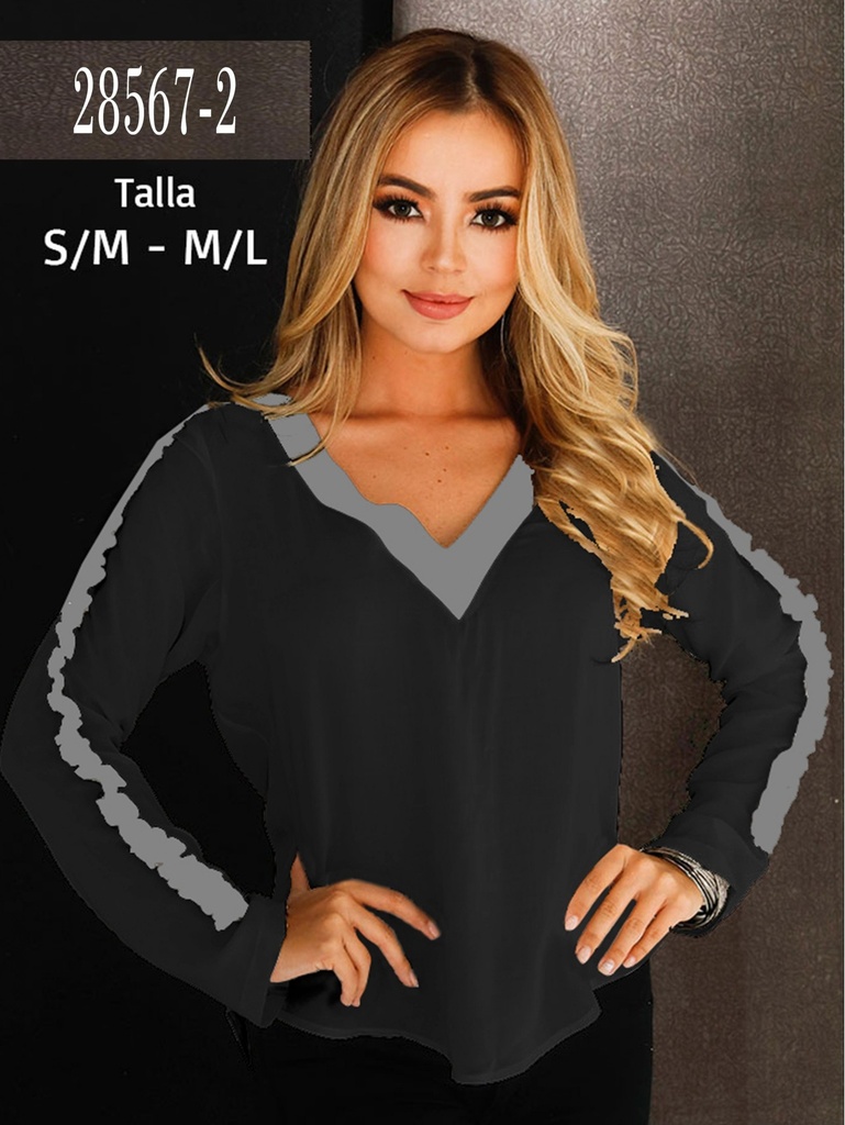 [266285672S] Blusa Escote V Manga Larga Negro y Gris para Mujer 28567-2