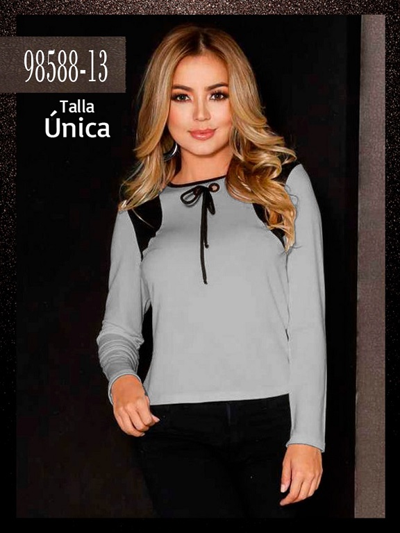 [2669858813] Women's Gray Bow-Neck Long-Sleeve Blouse 98588-13