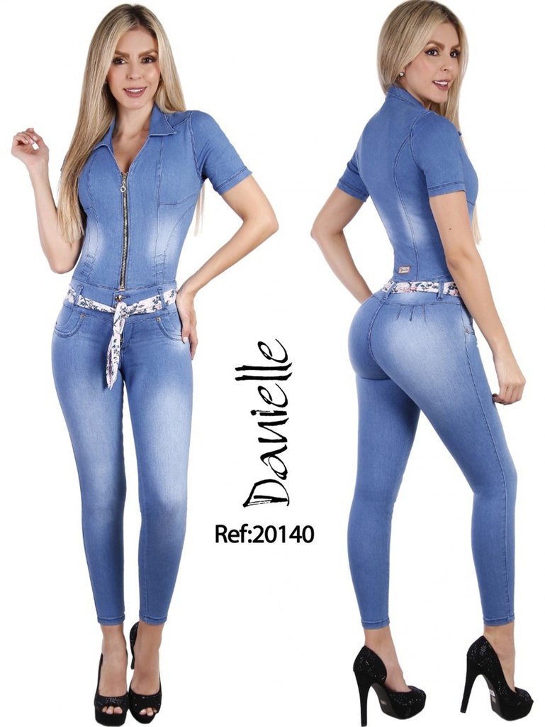 Women's Medium Denim Short Sleeve Belted Jumpsuit 20140