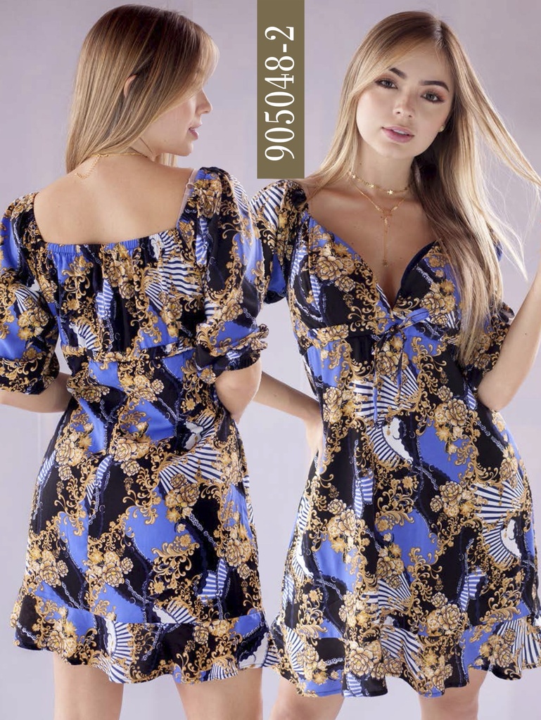 [2669050482L] Women's Blue & Gold Print Off-Shoulder Mini Dress 905048-2
