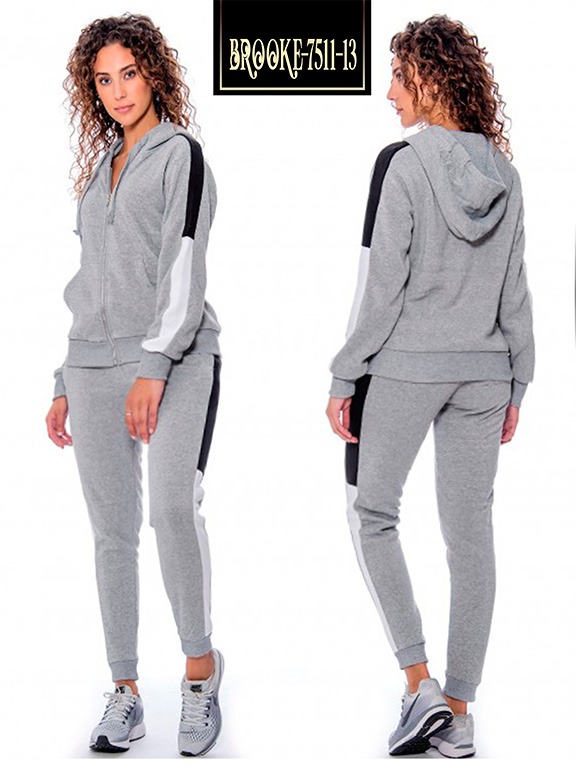 [200751113XXL] Conjunto Deportivo Sudadera con Cierre Bloques de Color y Jogger Gris y Blanco para Mujer 7511-3