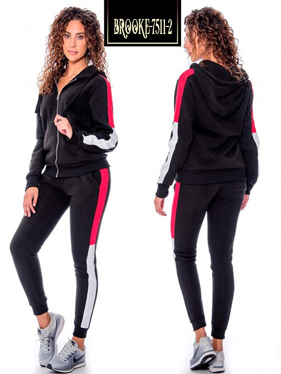[20075112XXL] Women's Black & White Zip Hoodie & Side Stripe Joggers Activewear Set 7511-2