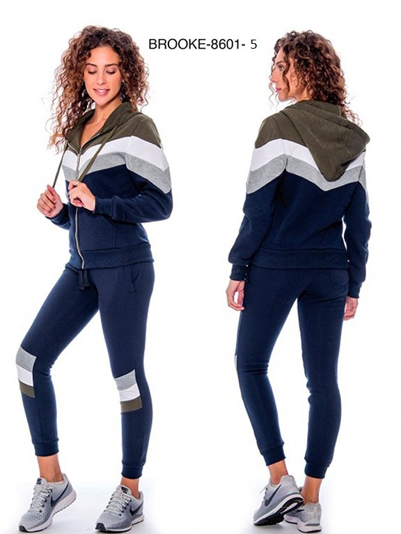 Women's Navy & Olive Chevron Zip Hoodie & Joggers Activewear Set Brooke-8601-5