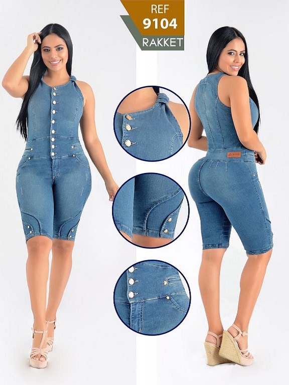 [2619104R01] Women's Medium Denim Sleeveless Button Front Bermuda Jumpsuit 9104