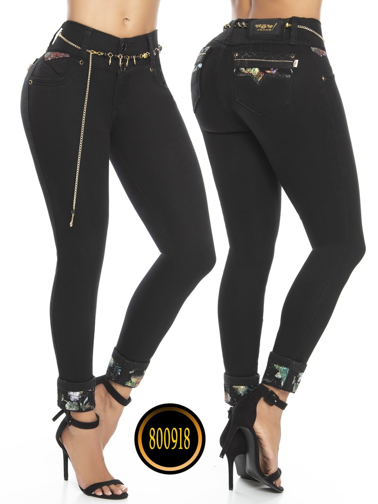 [243800918W01] Women's Black Chain Detail Butt Lift Skinny Jeans 800918