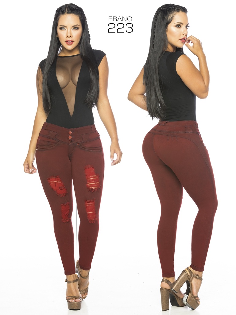 Jeans Levantacola Rotos Ajustados Vino Tinto para Mujer 223