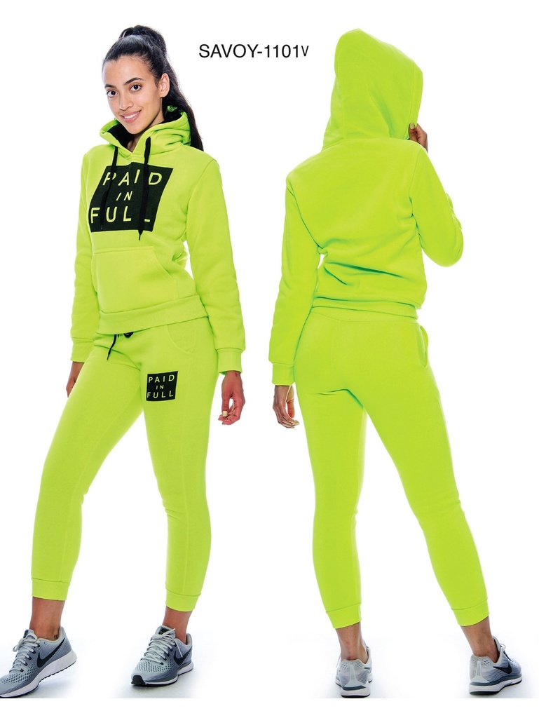 Conjunto Deportivo Sudadera Estampada con Capucha y Jogger Verde Lima Neón para Mujer Savoy-1101-V
