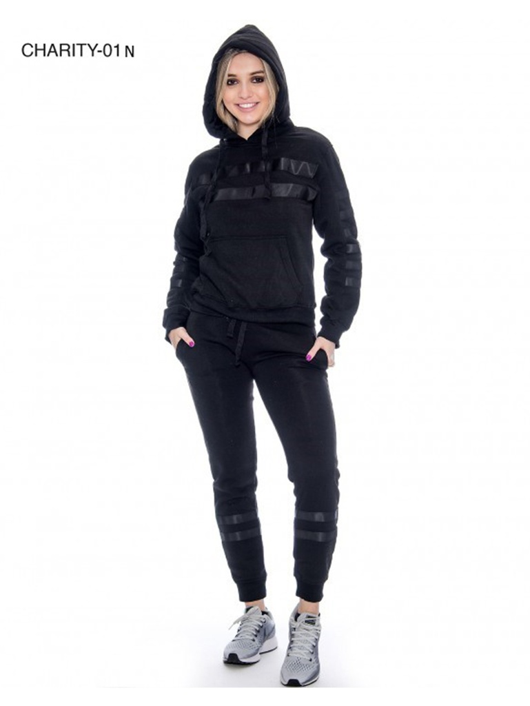 [200CHARITY01NXXL] Conjunto Deportivo Sudadera Estampada con Capucha y Jogger Negro para Mujer Charity-01 N