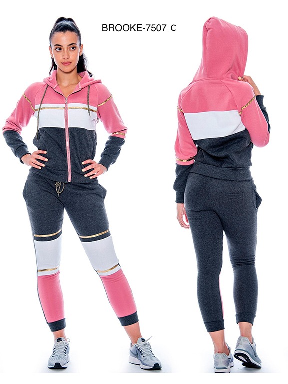 [200BROOKE7507CXXL] Women's Navy White & Gray Color Block Zip Hoodie & Joggers Activewear Set Brooke-7507-C