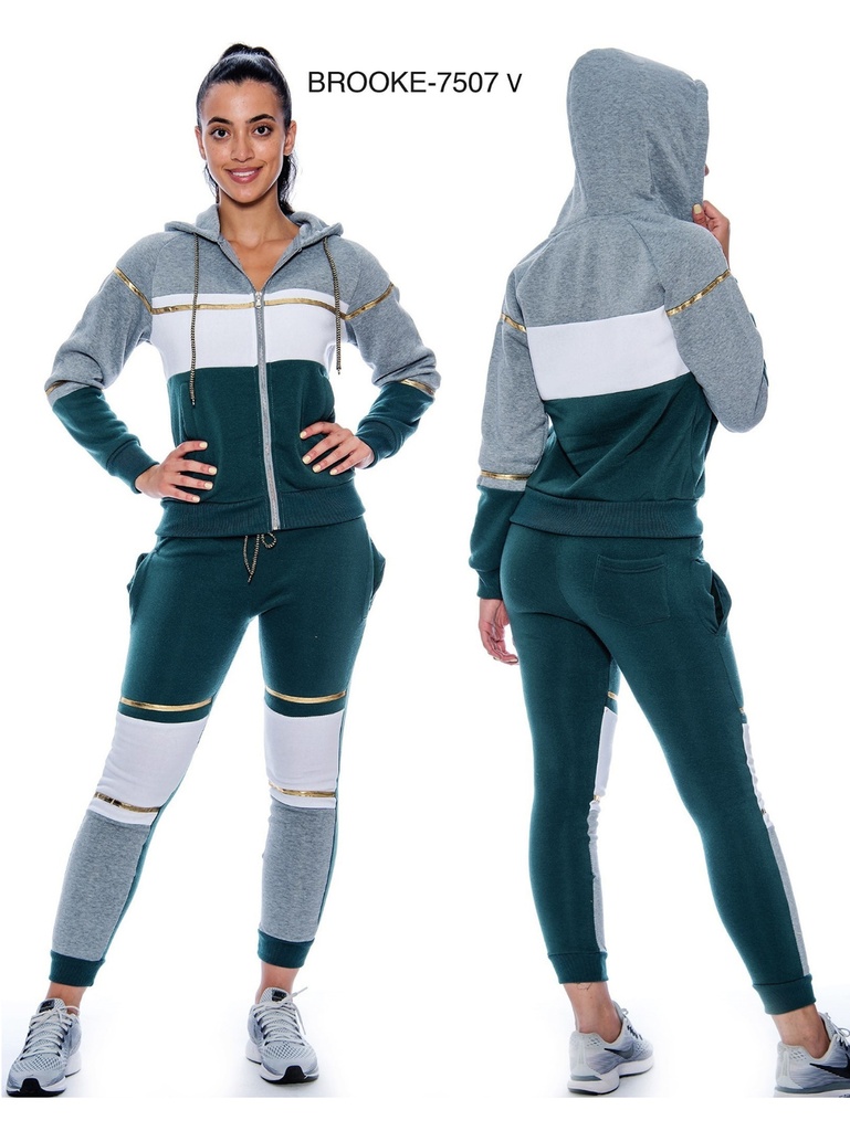 [200BROOKE7507VXXL] Conjunto Deportivo Sudadera con Cierre Bloques de Color y Jogger Verde Azulado y Gris para Mujer Brooke-7507-V