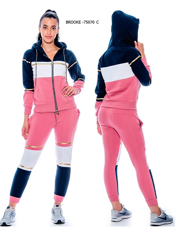 [200BROOKE75070CXXL] Conjunto Deportivo Sudadera con Cierre Bloques de Color y Jogger Rosa Azul Marino y Blanco para Mujer Brooke-75070-C