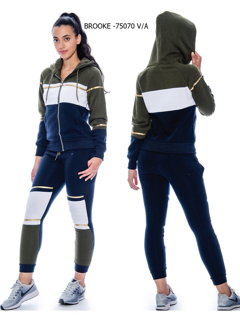[200BROOKE75070VXXL] Conjunto Deportivo Sudadera con Cierre Bloques de Color y Jogger Verde Oliva y Azul Marino para Mujer Brooke-75070-V