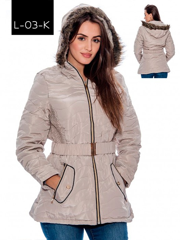 [200L03KM] Chaqueta Acolchada con Cinturón y Capucha Beige para Mujer L-03-K
