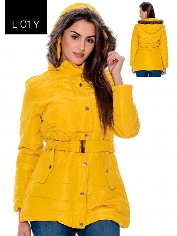 [200L01YM] Chaqueta Acolchada con Cinturón y Capucha Amarilla para Mujer L01Y