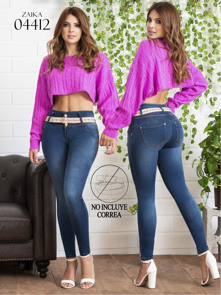 Jeans Levantacola Ajustados Lavado Oscuro para Mujer 04412