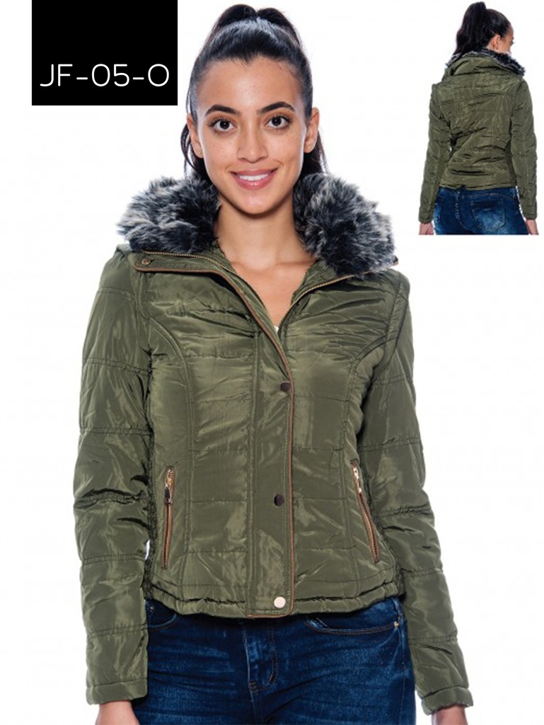 [200JF05OS] Chaqueta Chaqueta con Cuello de Pelo Verde Oliva para Mujer JF-05-O