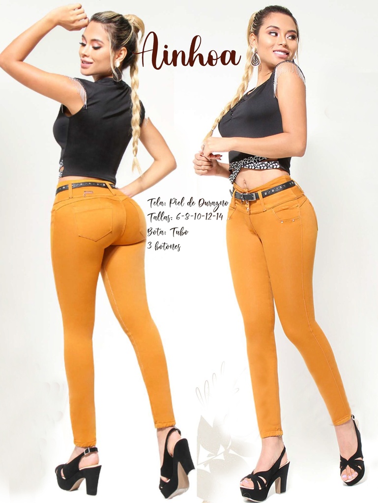 [300Ainhoa03] Jeans Levantacola Ajustados Mostaza para Mujer Ainhoa