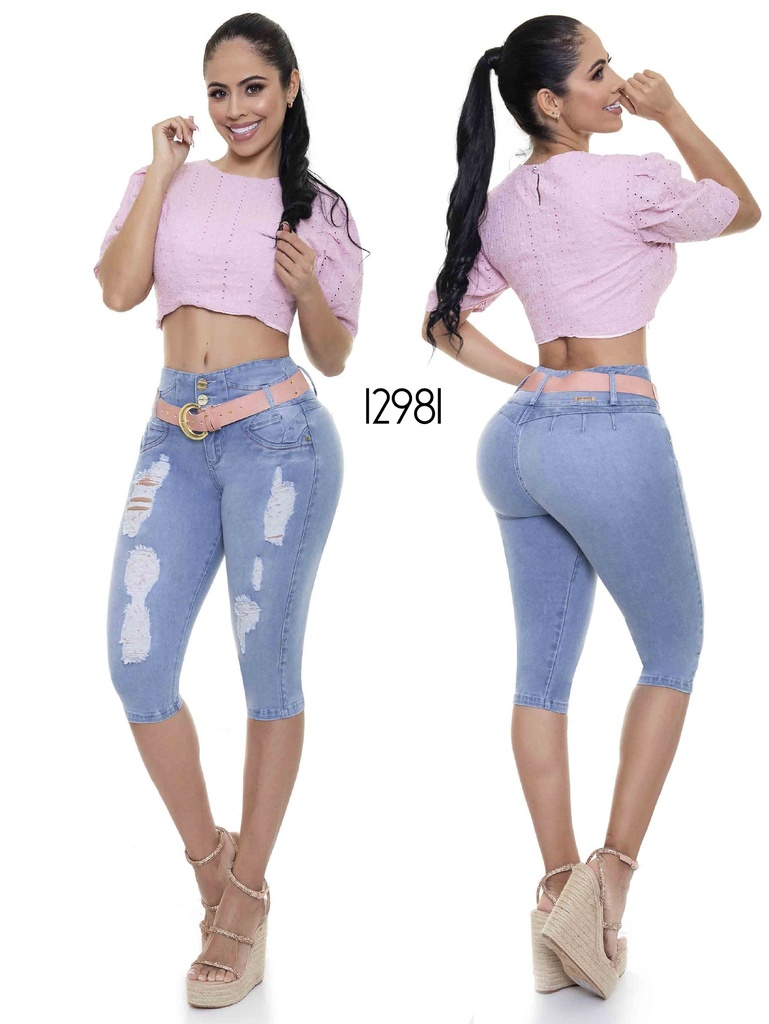 Jeans Capri Levantacola Lavado Claro Roto para Mujer 12981