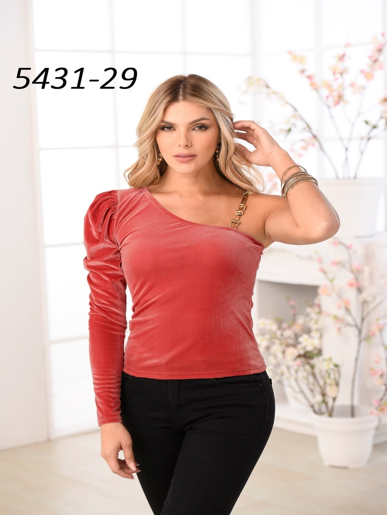 Blusa Un Hombro Manga Larga Terciopelo Coral para Mujer 5431-29
