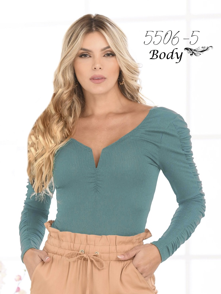 [25255065L] Body Manga Larga Fruncida con Botones Verde Azulado para Mujer 5506-5