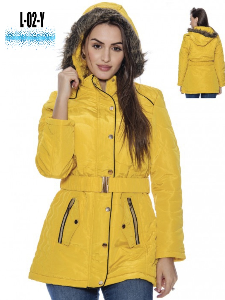 [200L02YM] Chaqueta Acolchada con Cinturón y Capucha Amarilla para Mujer L-02-Y