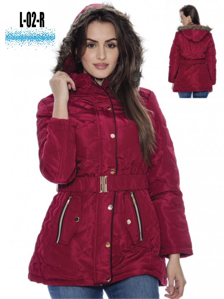 [200L02RS] Women's Burgundy Belted Faux Fur Hooded Puffer Jacket L-02-R