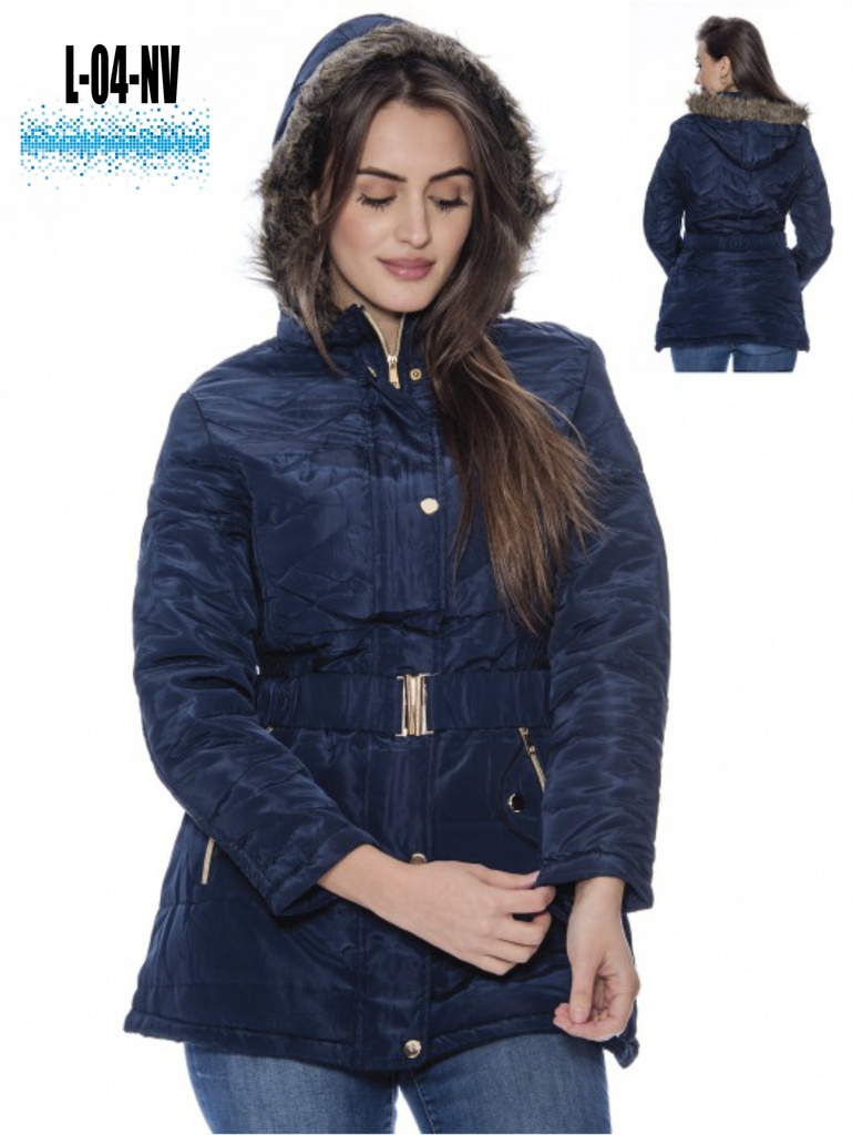 Chaqueta Acolchada con Cinturón y Capucha Azul Marino para Mujer L-04-NV