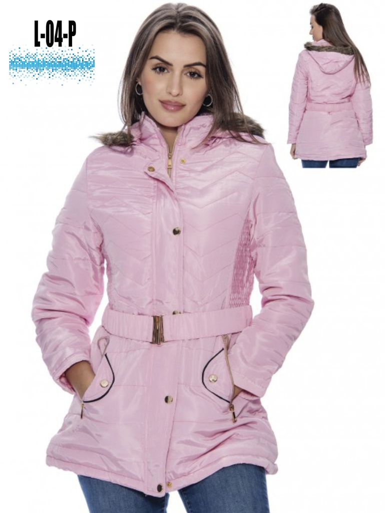 [200L04PM] Chaqueta Acolchada con Cinturón y Capucha Rosa para Mujer L-04-P