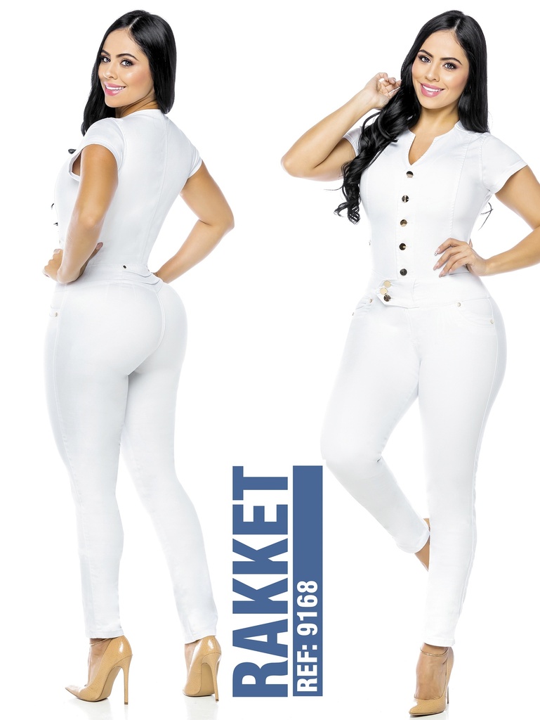Women's White Short Sleeve Button Front Butt Lift Jumpsuit 9168