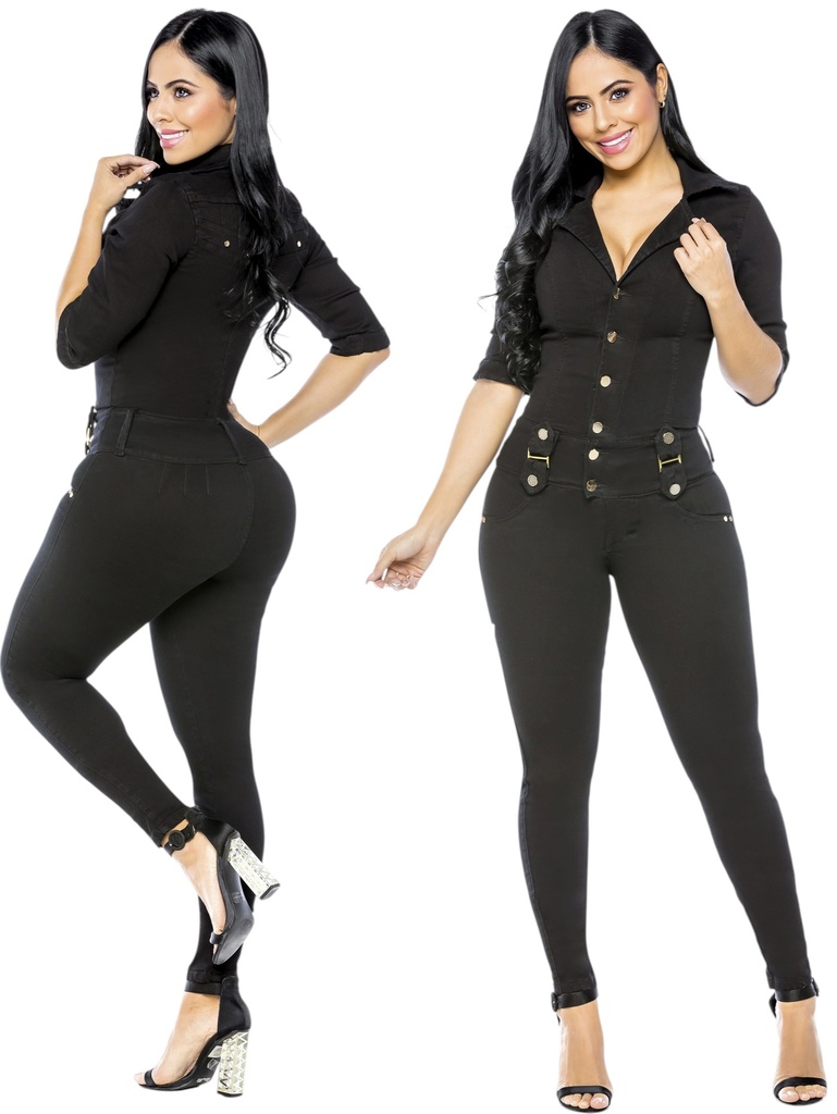 [2619173R03] Enterizo Manga Larga con Botones Negro para Mujer 9173