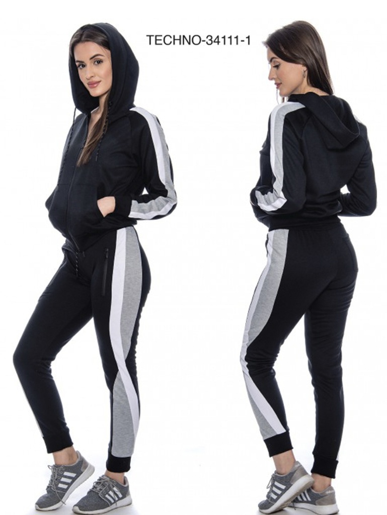 [200TECHNO341111XXL] Conjunto Deportivo Sudadera con Cierre Bloques de Color y Jogger Negro Blanco y Gris para Mujer Techno-34111-1