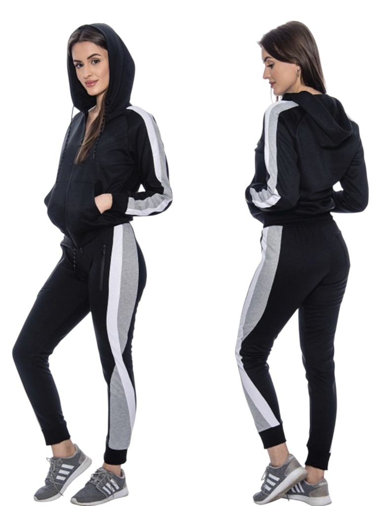 [200TECHNO341111XXL] Women's Black White & Gray Color Block Zip Hoodie & Joggers Activewear Set Techno-34111-1