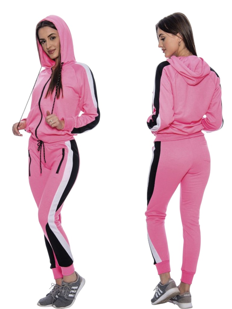 [200TECHNO341112XXL] Women's Pink & Black Color Block Zip Hoodie & Joggers Activewear Set Techno-34111-2